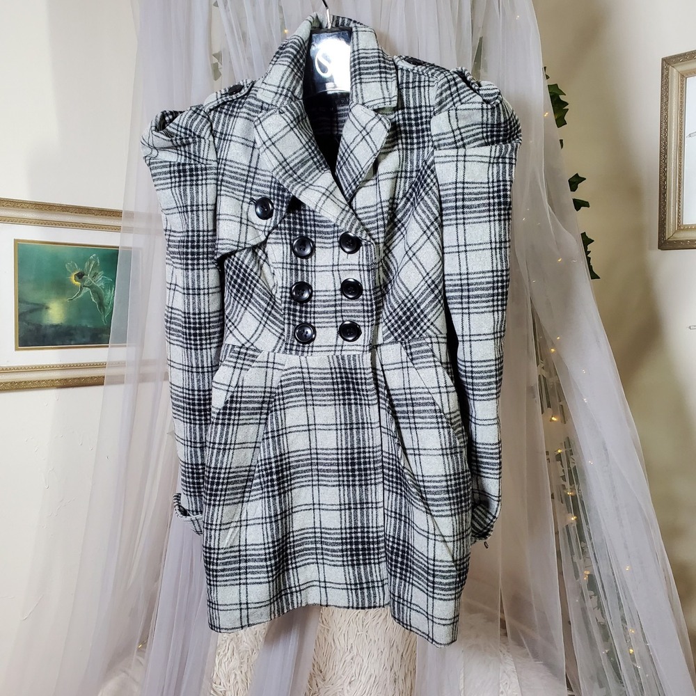 Chime Twee Plaid Double Breasted Pea Coat Jacket Check Fitted M Dark Acadamia
